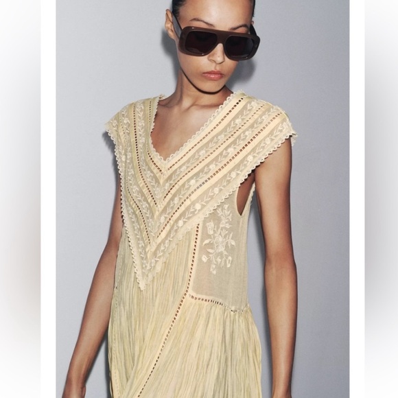 Zara ZW Collection embroidered pleated maxi dress butter yellow - Picture 3 of 16